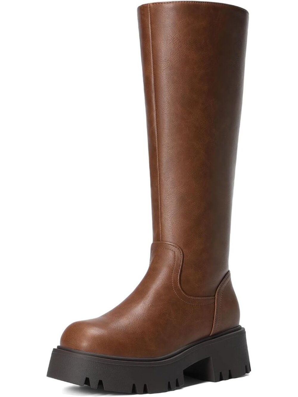 Dream Pairs Women's Light Brown Round Toe Side Zipper Platform Knee High Boots